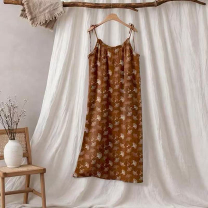 Loungekleid mit Ginkgo-Blumenmuster und Bindebändern - Kaffee & Beige - XL - image 25