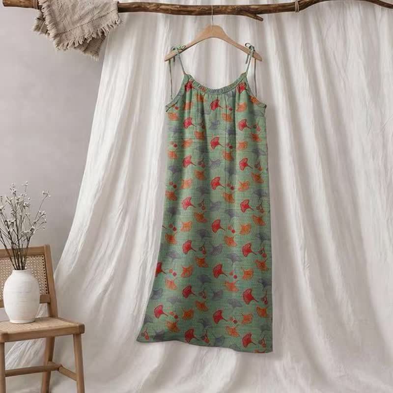 Loungekleid mit Ginkgo-Blumenmuster und Bindebändern - Grün & Rot - XL - image 40