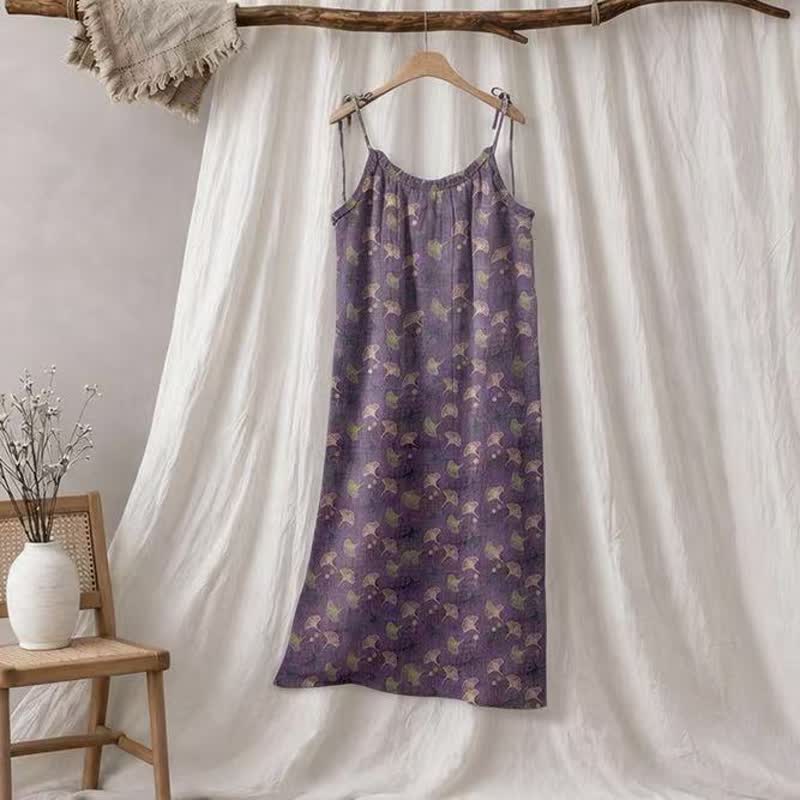 Loungekleid mit Ginkgo-Blumenmuster und Bindebändern - Lila & Grün - XL - image 15