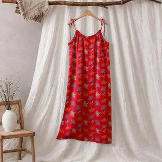 Loungekleid mit Ginkgo-Blumenmuster und Bindebändern - Rot & Grün - XL - image 0