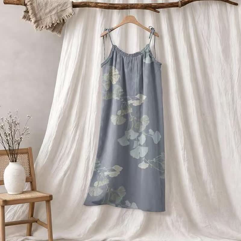 Ginkgo-Blatt-Baumwoll-Loungekleid mit Bindebändern - Blau & Hellgrün - XL - image 0
