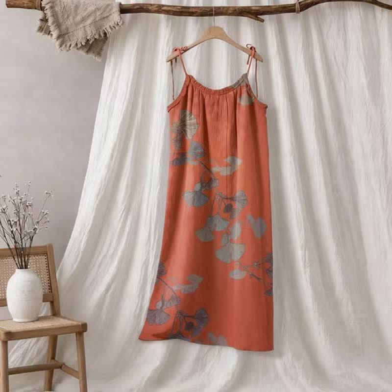 Ginkgo-Blatt-Baumwoll-Loungekleid mit Bindebändern - Orange & Grün - XL - image 10