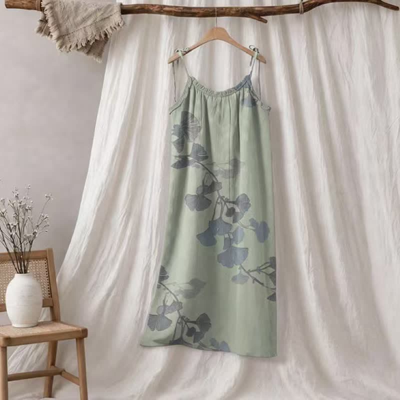 Ginkgo-Blatt-Baumwoll-Loungekleid mit Bindebändern - Hellgrün und Blau - XL - image 5