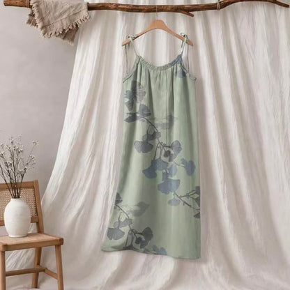 Ginkgo-Blatt-Baumwoll-Loungekleid mit Bindebändern - Hellgrün und Blau - XL - image 5