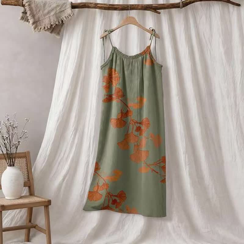 Ginkgo-Blatt-Baumwoll-Loungekleid mit Bindebändern - Grün & Orange - XL - image 15