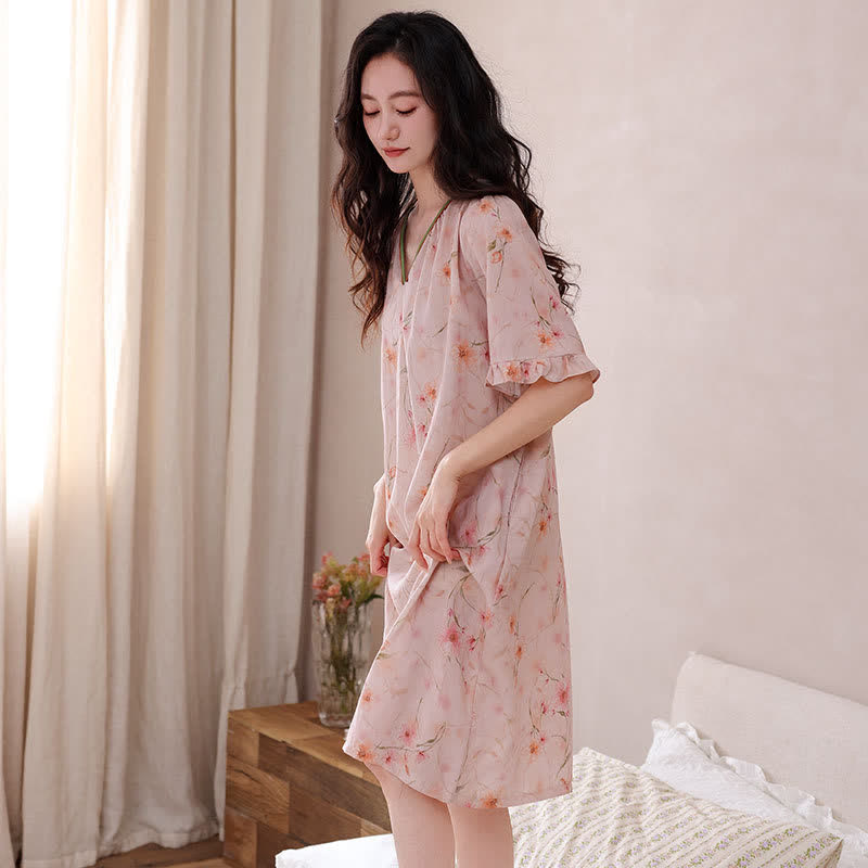 Lounge-Kleid aus Lyocell mit Blumenmuster, V-Ausschnitt und Rüschenärmeln - image 3
