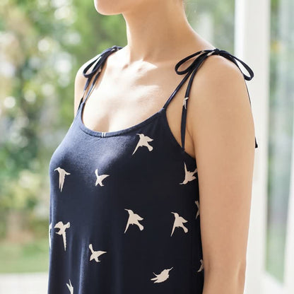 Lounge-Kleid aus Baumwolle mit Vogelmuster und Bindebändern - image 3