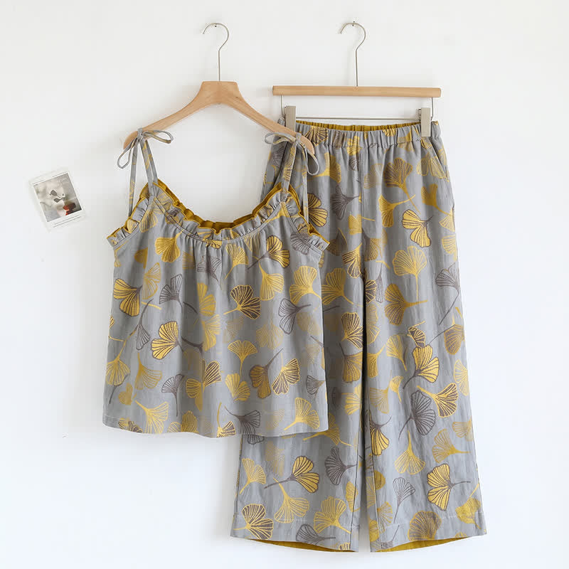 Loungewear-Set mit Ginkgoblatt-Print und Schulterbändern - Hellgrau und Dunkelgelb - XL - image 3