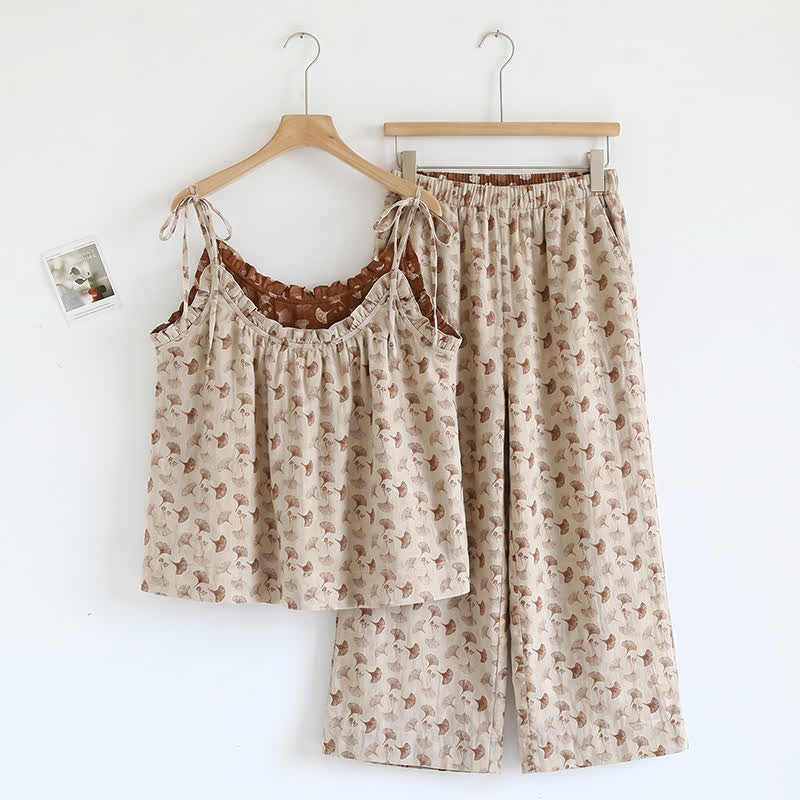 Romantisches Lounge-Set mit Blumenmuster: Trägertop und Hose - Beige & Kaffee - XL - image 3
