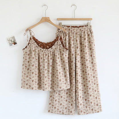 Romantisches Lounge-Set mit Blumenmuster: Trägertop und Hose - Beige & Kaffee - XL - image 3