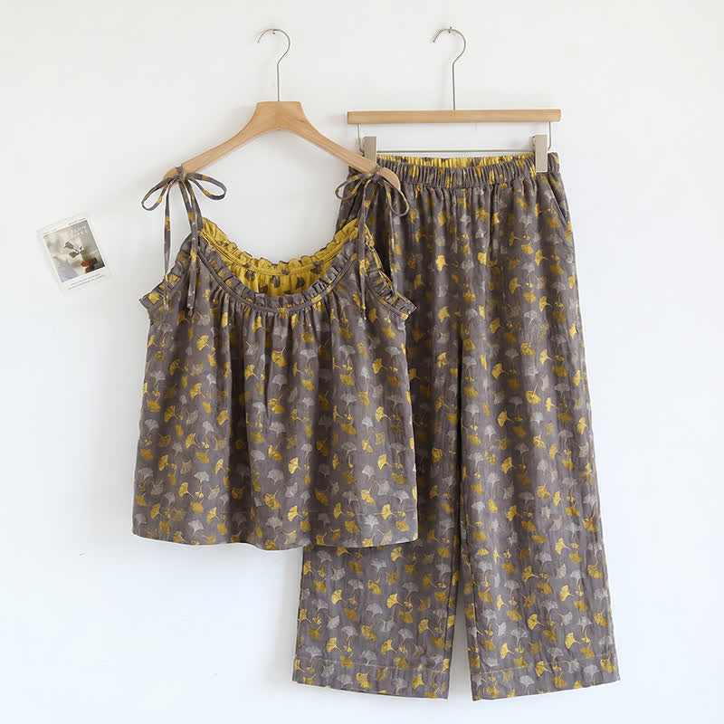 Romantisches Lounge-Set mit Blumenmuster: Trägertop und Hose - Braun & Gelb - XL - image 6