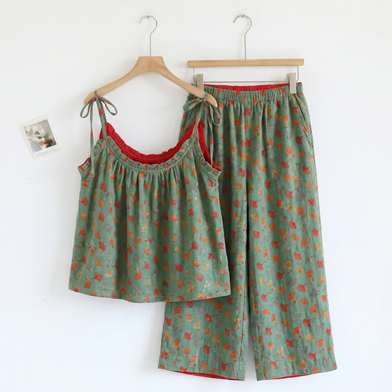 Romantisches Lounge-Set mit Blumenmuster: Trägertop und Hose - Grün & Rot - XL - image 9