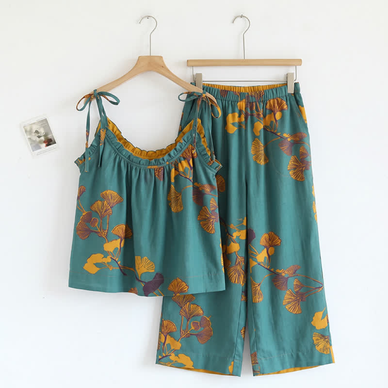 Loungewear-Set mit botanischem Blattmuster: Trägertop und Hose - Grün & Orange - XL - image 0