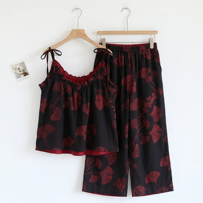 Loungewear-Set mit botanischem Blattmuster: Trägertop und Hose - Schwarz & Rot - XL - image 3