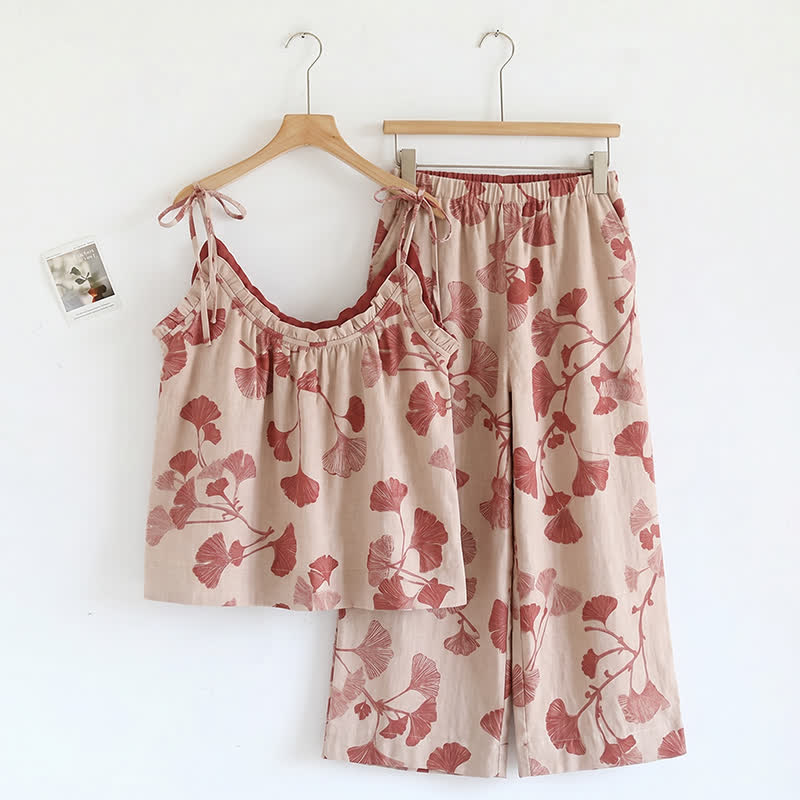 Loungewear-Set mit botanischem Blattmuster: Trägertop und Hose - Nude & Rot - XL - image 9