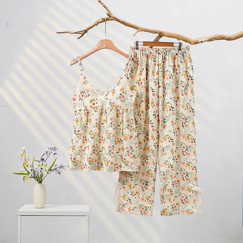 Romantisches Lounge-Set aus geblümtem Camisole und Knöchelhose - FloralWeiß - XXL - image 0