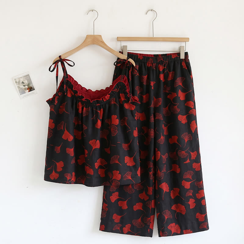 Loungewear-Set mit Ginkgoblatt-Print und Schulterbändern - Schwarz & Rot - XL - image 6