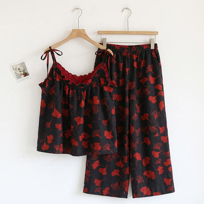 Loungewear-Set mit Ginkgoblatt-Print und Schulterbändern - Schwarz & Rot - XL - image 6