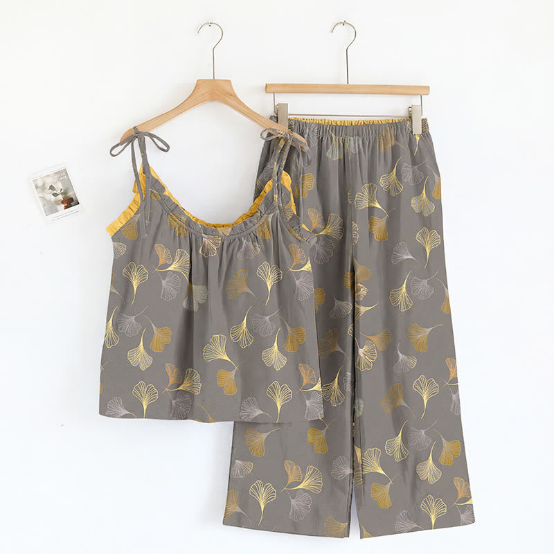 Loungewear-Set mit Ginkgoblatt-Print und Schulterbändern - Dunkelgrau & Gelb - XL - image 9