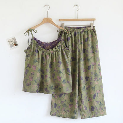 Loungewear-Set mit Ginkgoblatt-Print und Schulterbändern - Grün & Lila - XL - image 12