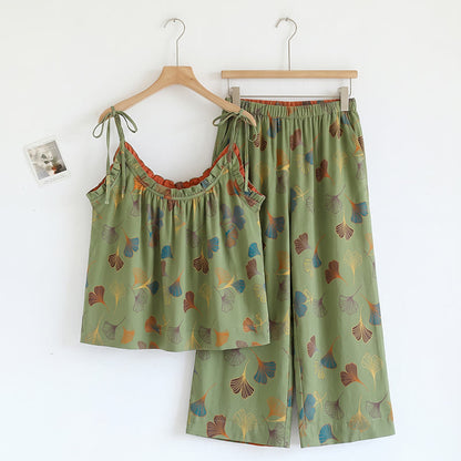 Loungewear-Set mit Ginkgoblatt-Print und Schulterbändern - Grün & Rot - XL - image 15