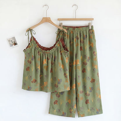 Loungewear-Set mit Ginkgoblatt-Print und Schulterbändern - Grün & Wein - XL - image 18