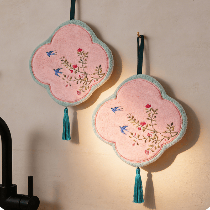 Handtuch aus Korallenvlies mit Vogel- und Blumenmuster - Hellrosa - 9'' × 9'' - 2 Stück - image 0