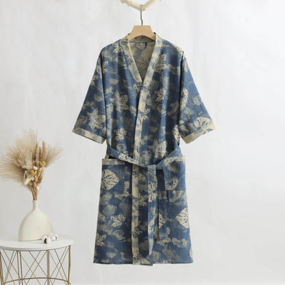 Kimono-Bademantel aus Baumwollgaze mit Ahornblattmuster - Blau - XL - image 0