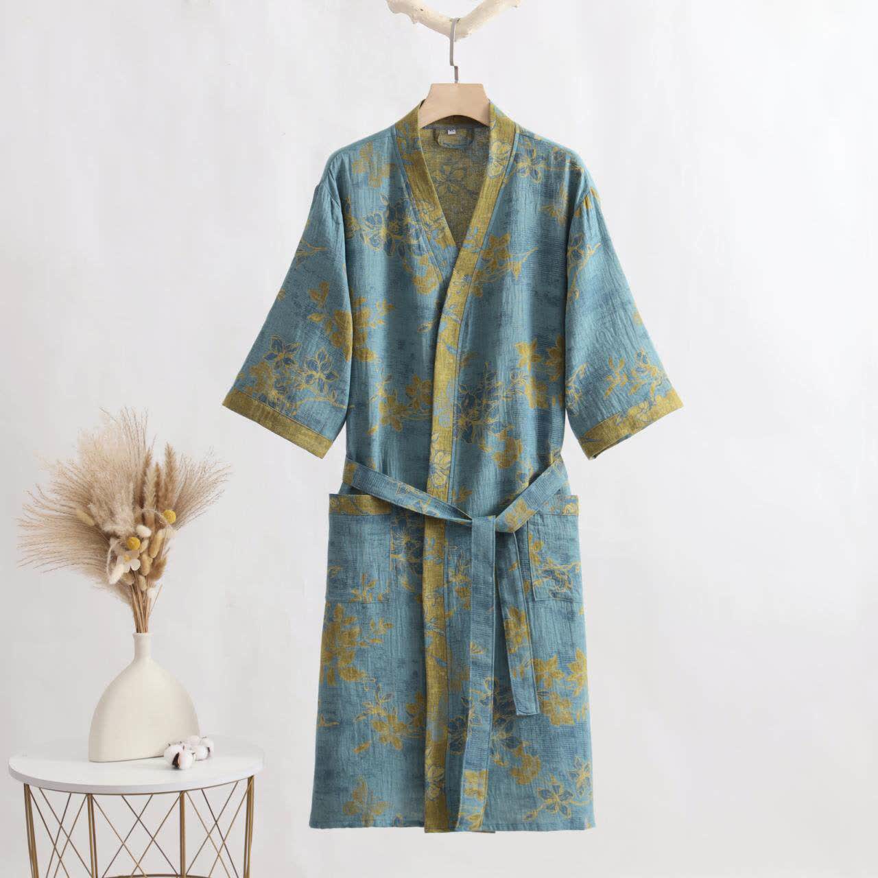 Kimono-Bademantel aus blauer Baumwollgaze mit Blumenmuster - Blaugrün - XL - image 0