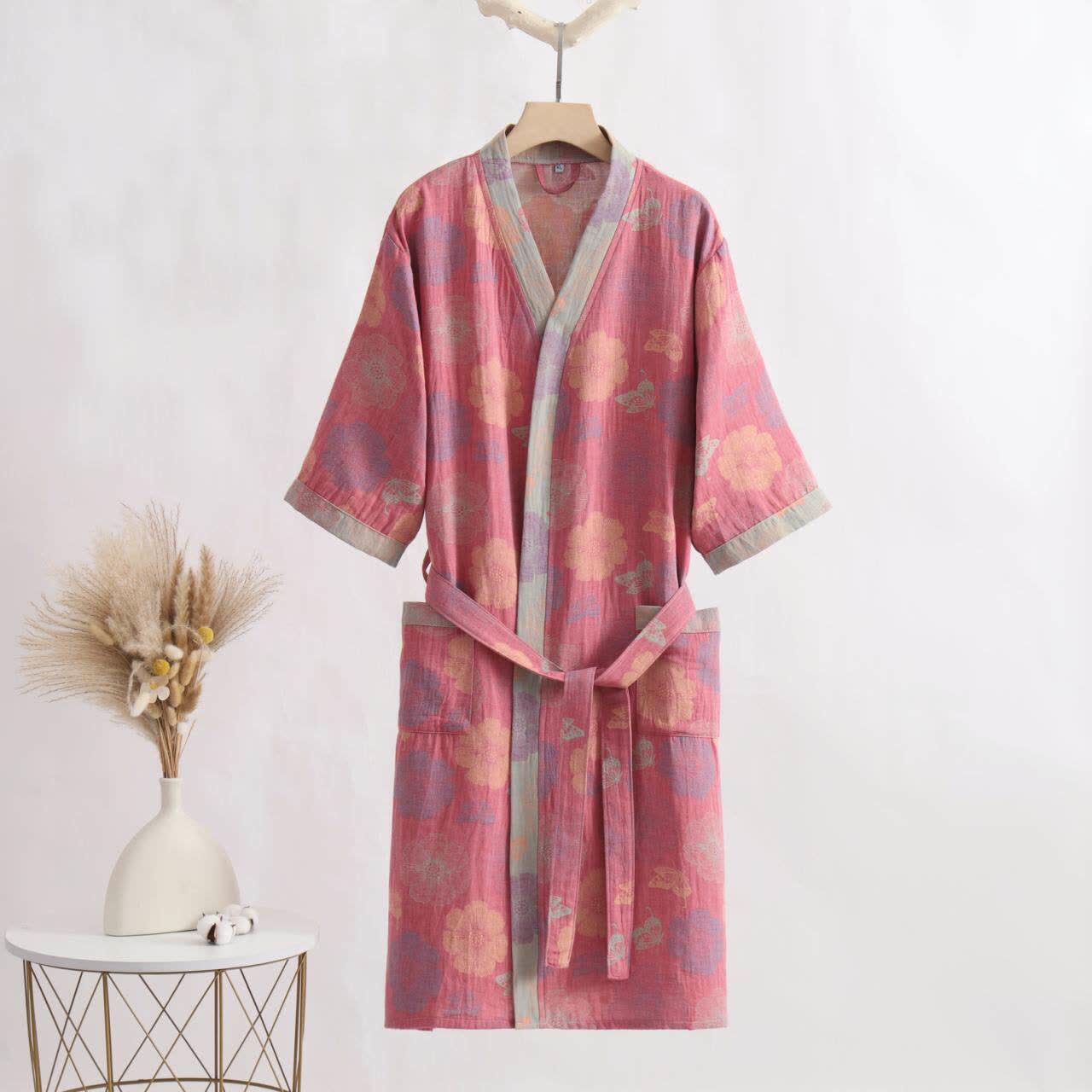 Kimono-Bademantel aus rosa Baumwollgaze mit Blumenmuster - Rosa - XL - image 0
