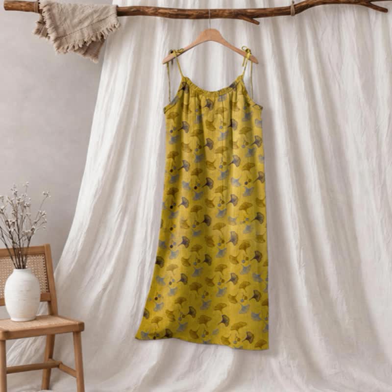 Loungekleid mit Ginkgo-Blumenmuster und Bindebändern - Gelb & Braun - XL - image 0