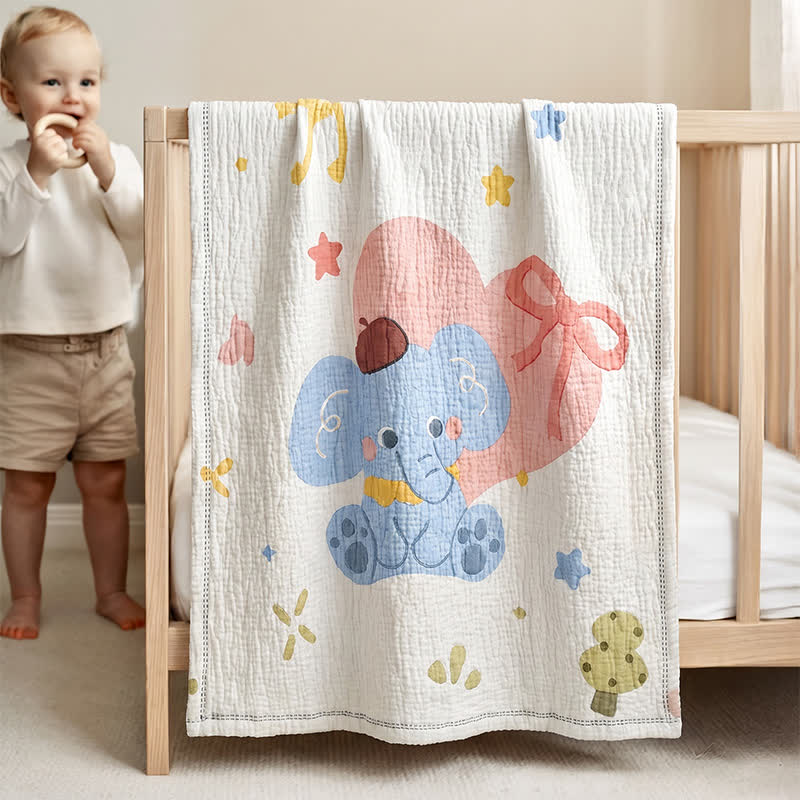 Babydecke mit pastellfarbenem Elefantenmuster aus Lyocell - Weiß - Zwillinge - image 0