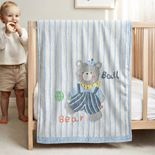 Gestreifte Babydecke mit Bärenmuster aus Lyocell - Blau - Zwillinge - image 0