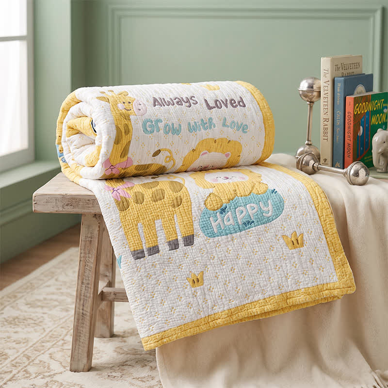 Babydecke mit Giraffen- und Löwenmotiven aus Lyocell - Gelb - Zwillinge - image 0