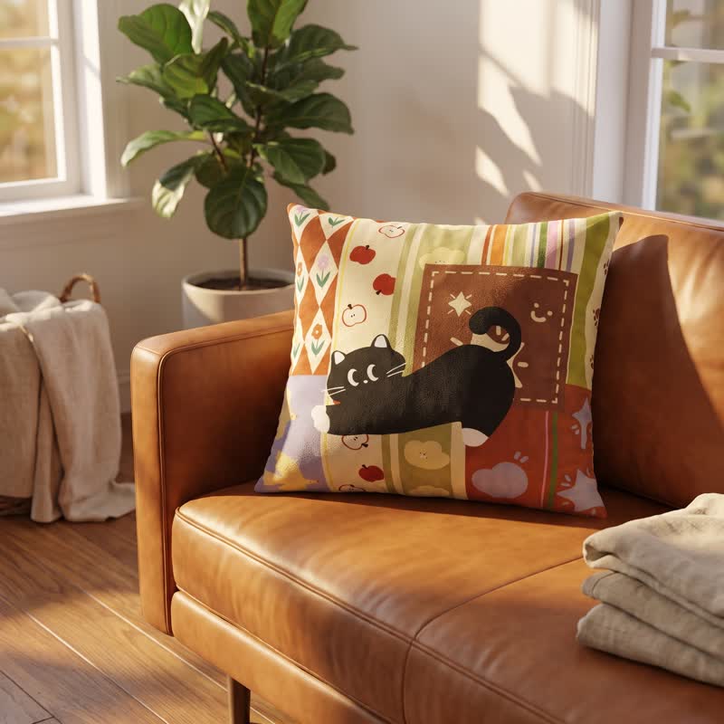 Dekoratives Kissen mit verspieltem Patchwork-Muster und schwarzer Katze - image 2