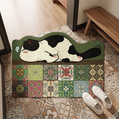 Eingangsbereich-Teppich mit schlafender Katze und Muschelkantenmuster - image 1