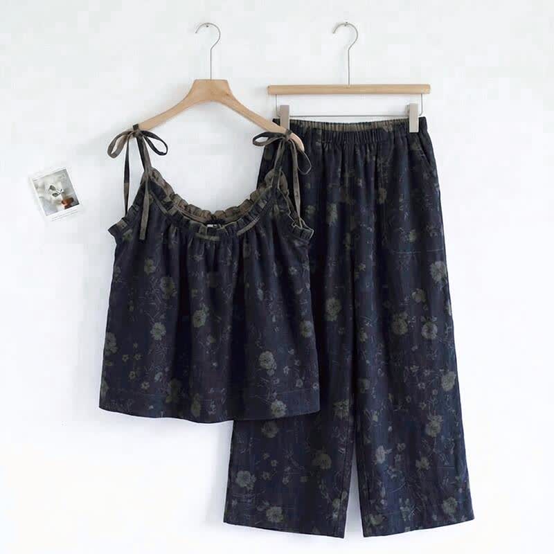 Vintage-Pyjama-Set mit Blumenmuster: Top und Hose - Marineblau & Grau - XL - image 0