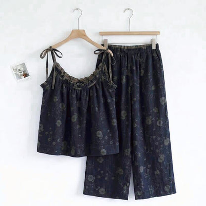 Vintage-Pyjama-Set mit Blumenmuster: Top und Hose - Marineblau & Grau - XL - image 0