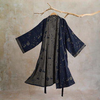 Kimono-Bademantel aus Bio-Baumwolle mit Gartenblumenmuster - Marineblau - 2XL - image 0