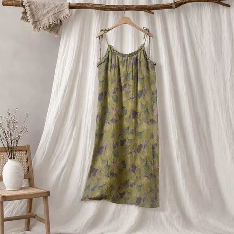 Ginkgo Leaf Tie Strap Lounge Midi Dress - Grün & Lila - XL - image 75