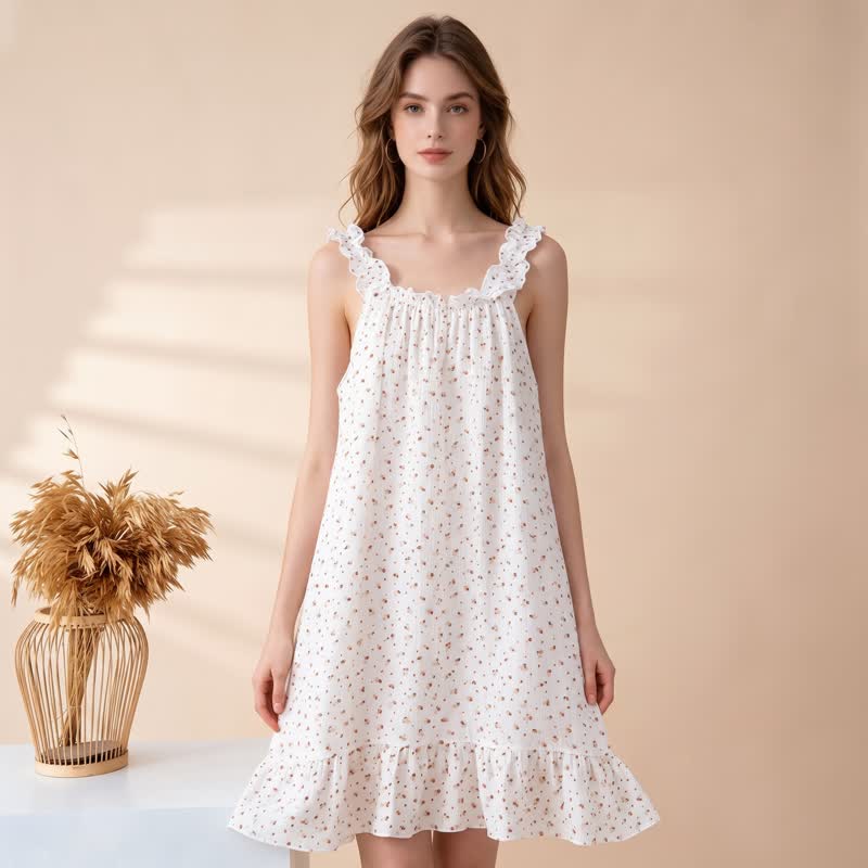 Lounge-Kleid aus Baumwolle mit Blumenmuster und Rüschenträgern - image 1