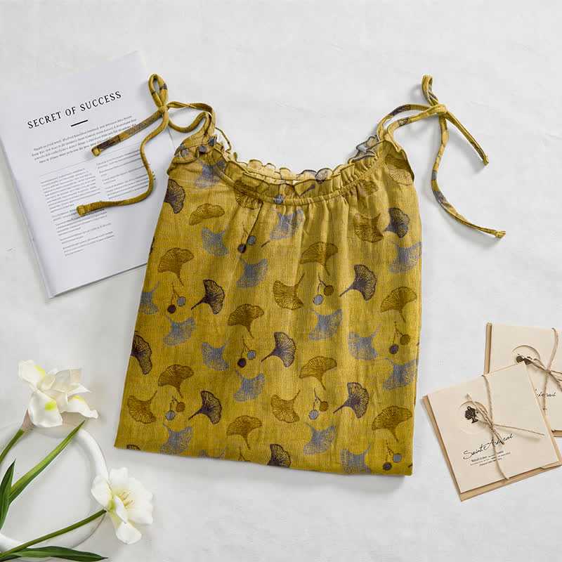 Loungekleid mit Ginkgo-Blumenmuster und Bindebändern - image 2