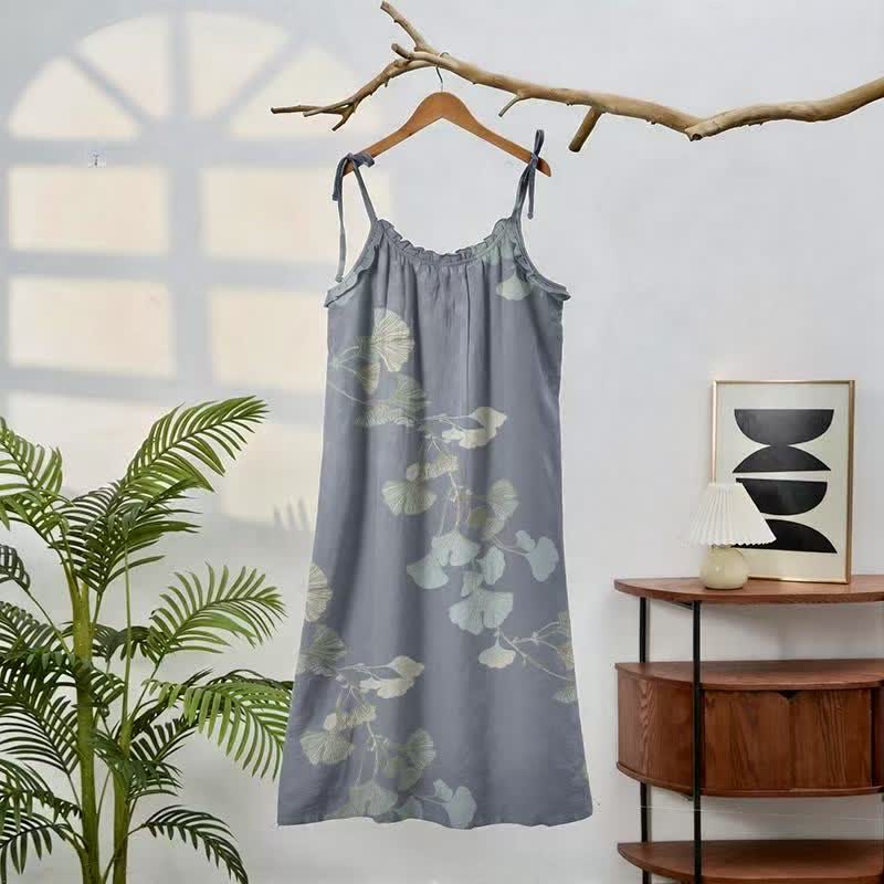 Ginkgo-Blatt-Baumwoll-Loungekleid mit Bindebändern - image 1