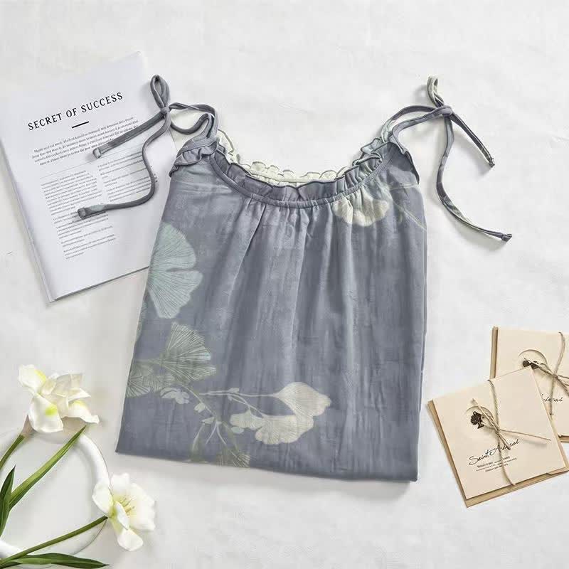 Ginkgo-Blatt-Baumwoll-Loungekleid mit Bindebändern - image 2