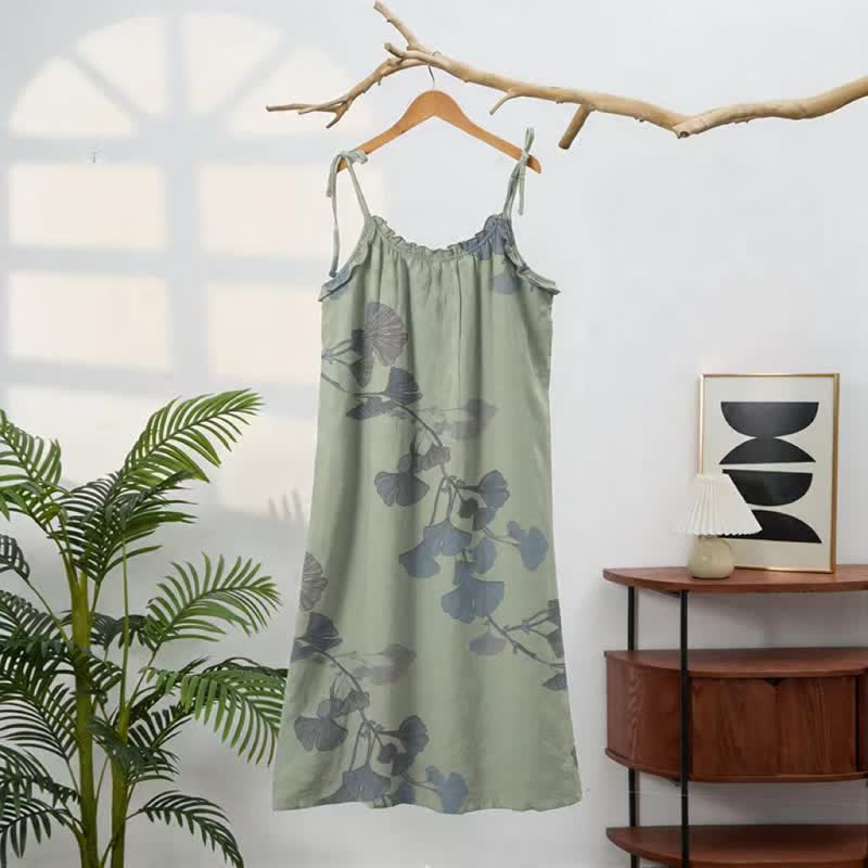 Ginkgo-Blatt-Baumwoll-Loungekleid mit Bindebändern - image 6