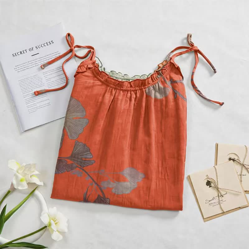 Ginkgo-Blatt-Baumwoll-Loungekleid mit Bindebändern - image 12