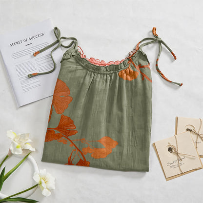 Ginkgo-Blatt-Baumwoll-Loungekleid mit Bindebändern - image 17
