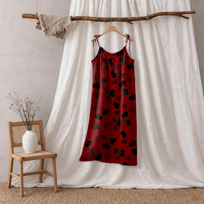 Ginkgo Leaf Tie Strap Lounge Midi Dress - Rot & Schwarz - XL - image 50