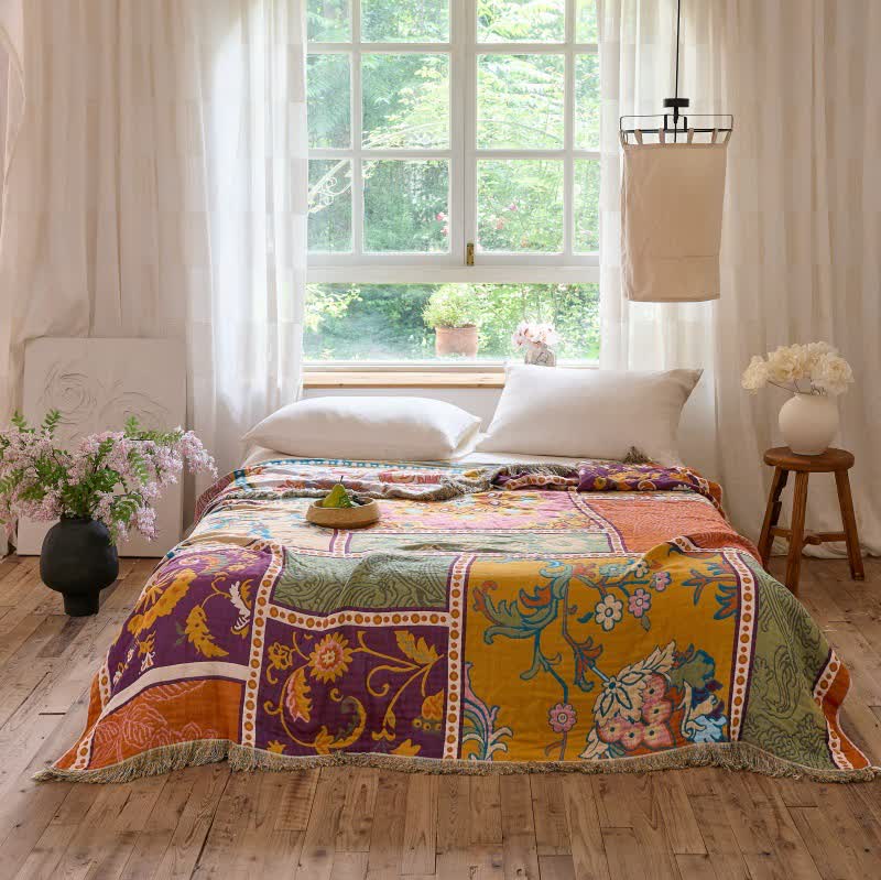Boho-Baumwoll-Patchworkdecke mit Blumenmuster und Quasten - König - image 1