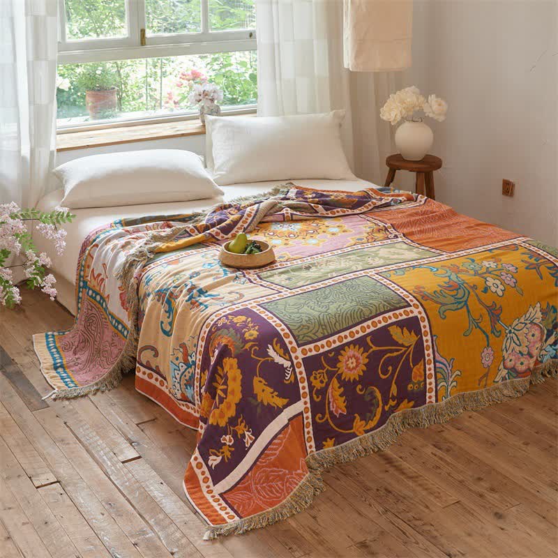 Boho-Baumwoll-Patchworkdecke mit Blumenmuster und Quasten - image 2
